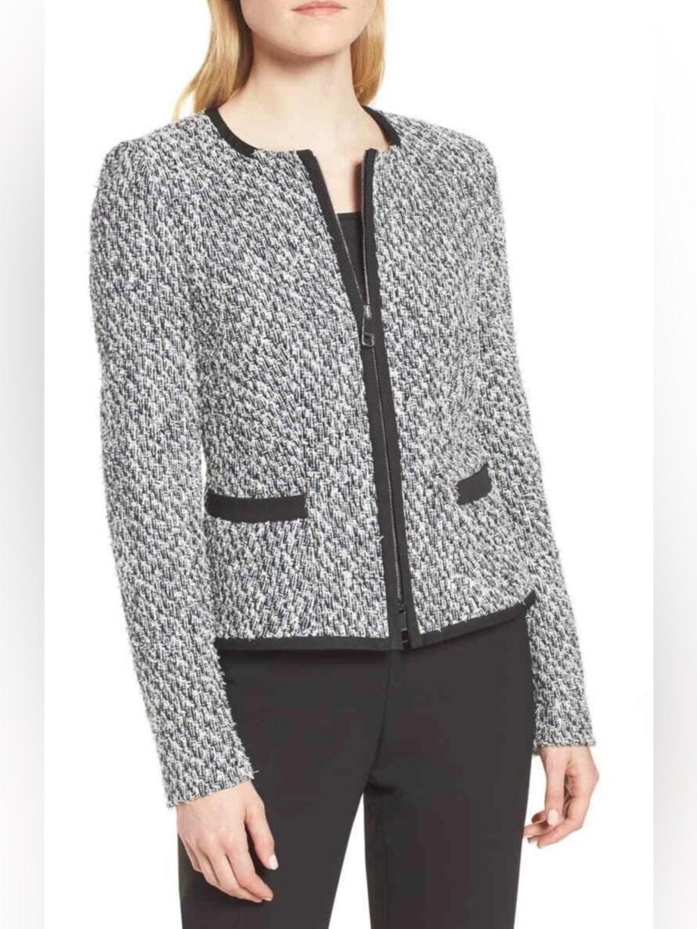 Boss Women’s Kalaila Tweed Zip-Up Jacket Blazer Career Black/White Size 12